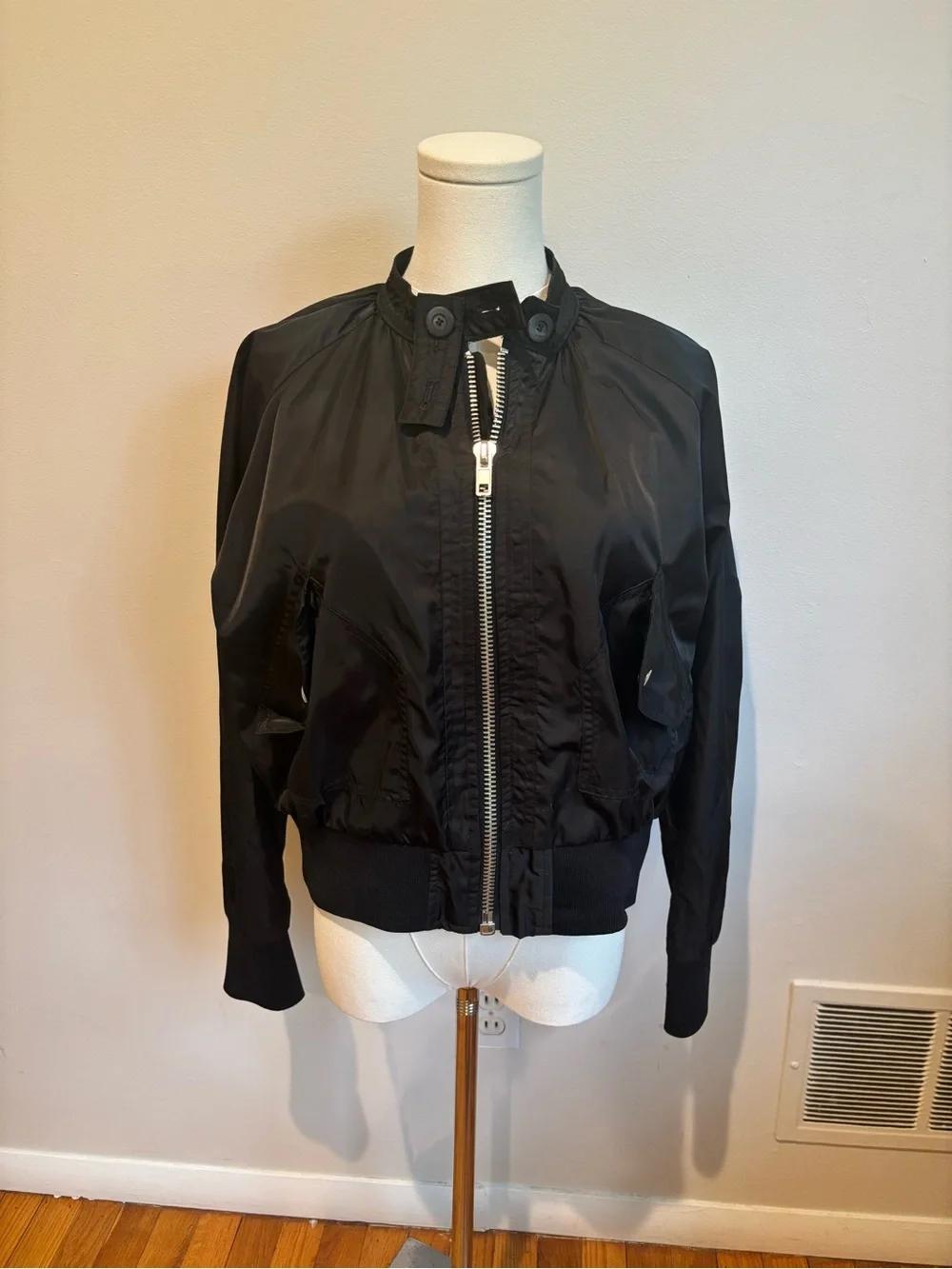 Free People Black Women's satin Bomber Jacket - Lightweight Zip-Front small